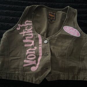 Von Dutch Olive Green Canvas Vest with Pink Logo Accents